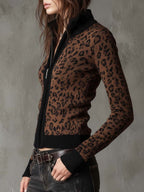Vintage Leopard Print Slim Fit Zip-Up Cardigan