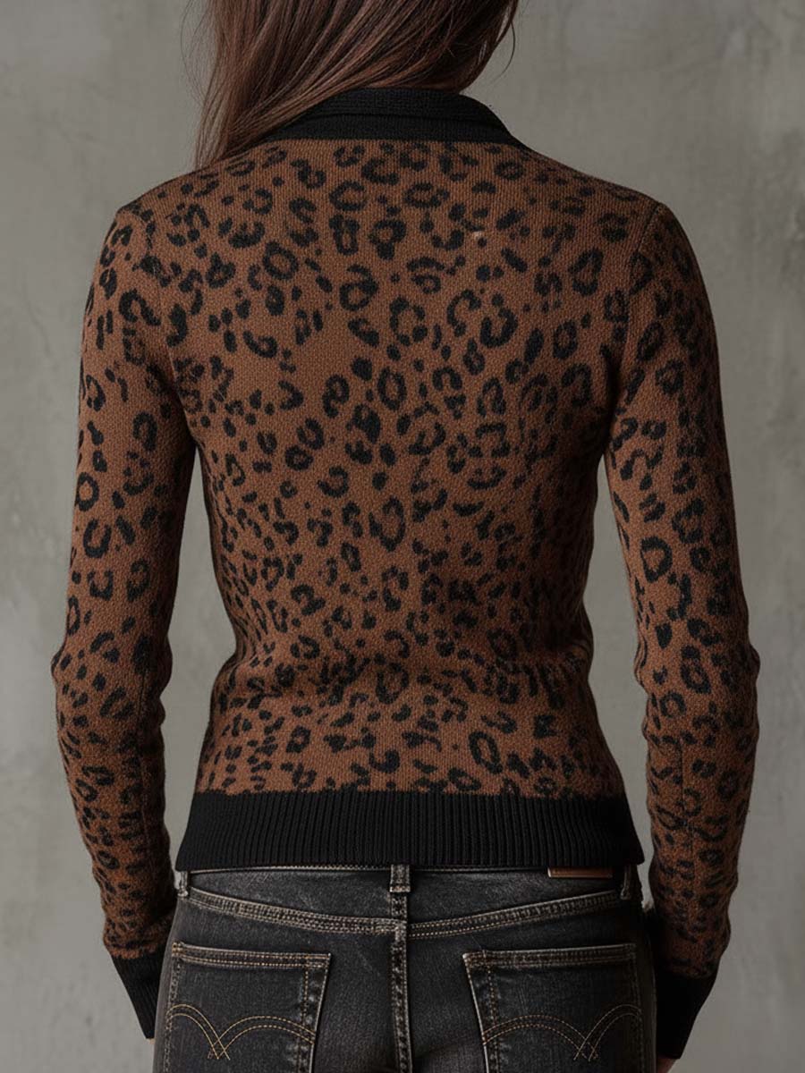 Vintage Leopard Print Slim Fit Zip-Up Cardigan