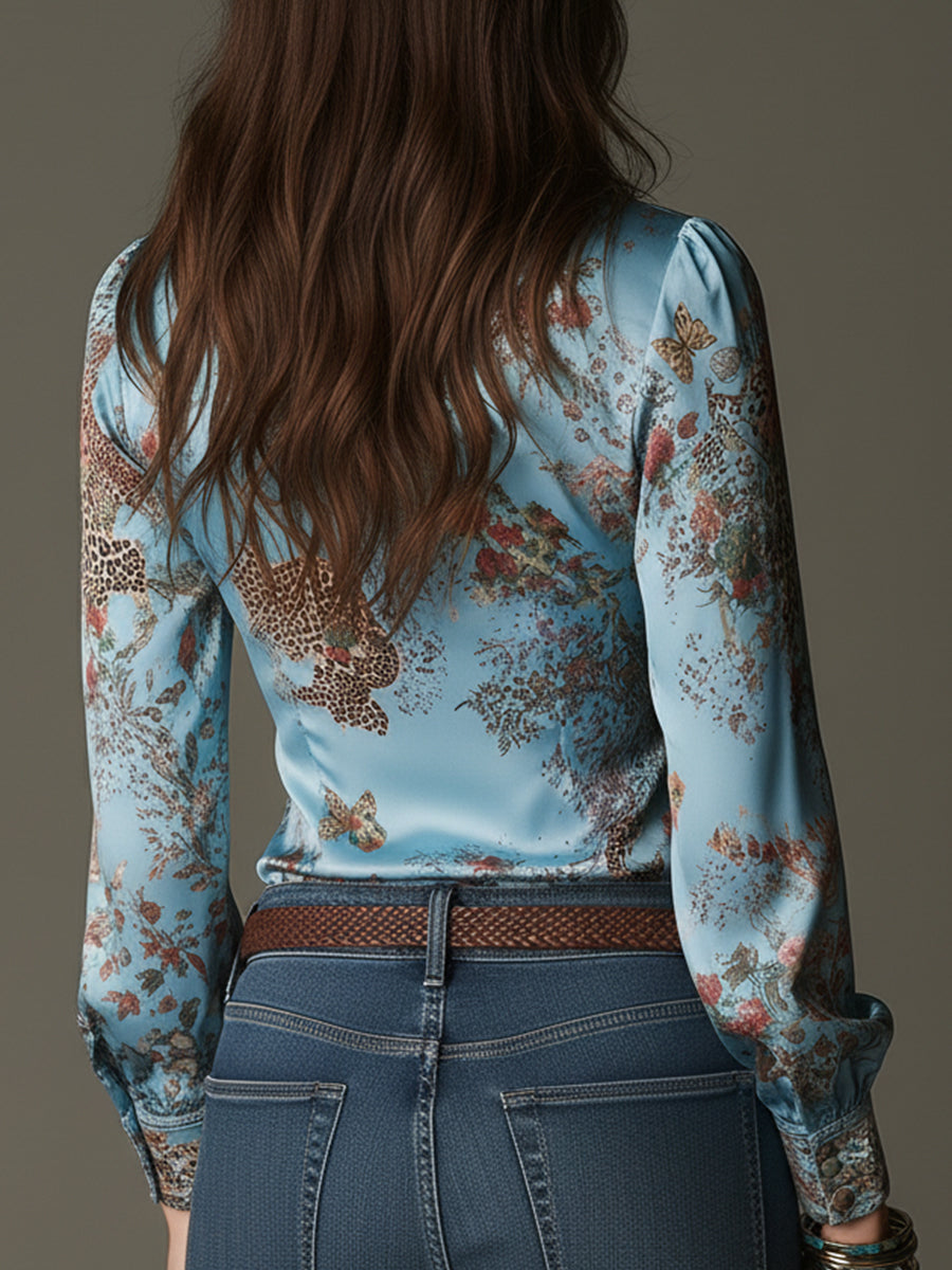 Blusa de Satén con Estampado Leopardo y Cremallera Delantera