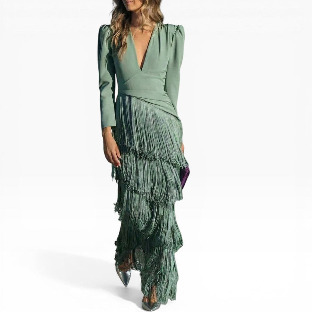 Elegante Vestido Midi Con Mangas y Flecos