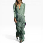 Elegante Vestido Midi Con Mangas y Flecos