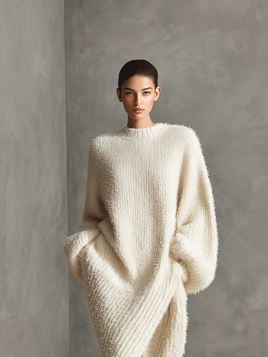 Vestido midi de punto efecto visón crema con abertura asimétrica