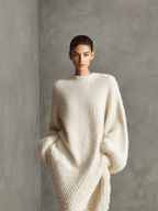 Vestido midi de punto efecto visón crema con abertura asimétrica