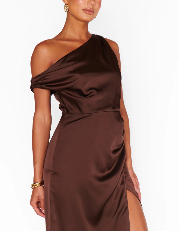 Dark Brown One-shoulder Design Maxi Dress