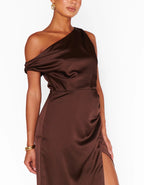 Dark Brown One-shoulder Design Maxi Dress
