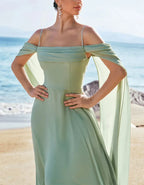 Light Green Off-the-shoulder Bridesmaid Dress with Detachable Sleeves