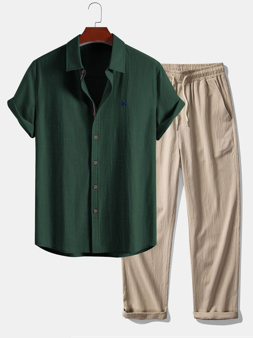 Camisa de manga corta con botones y efecto lino, y pantalones rectos con textura arrugada - LOVRA DESIGN