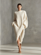 Vestido midi de punto efecto visón crema con abertura asimétrica