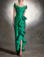 Elegant Teal Satin Gown with Off-Shoulder Neckline and Cascading Ruffle