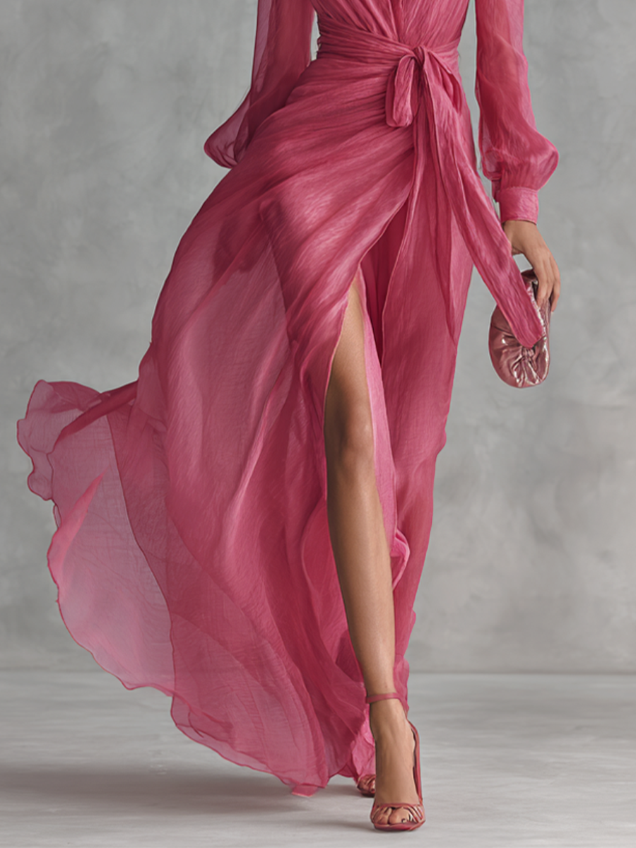 Vestido Maxi de Chifón Perla con Escote en V Elegante