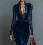 Vestido Midi de Terciopelo Elegante con Escote en V y Encaje