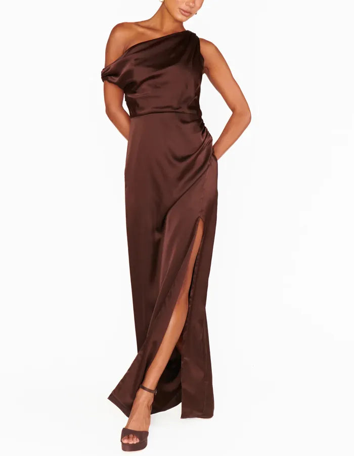 Dark Brown One-shoulder Design Maxi Dress