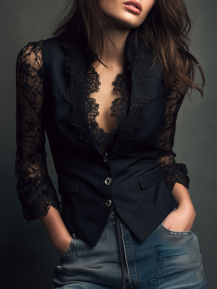 Blazer de Cuello Alto con Mangas Semitransparentes