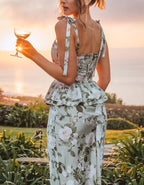 Light Green Floral Pattern Square Collar Bridesmaid Dress