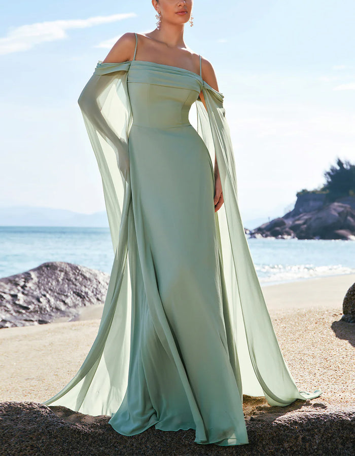 Light Green Off-the-shoulder Bridesmaid Dress with Detachable Sleeves