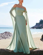 Light Green Off-the-shoulder Bridesmaid Dress with Detachable Sleeves