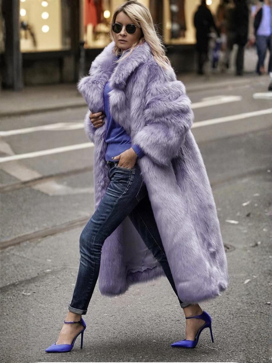 Pierette Long Coat in Synthetic Fur Lavender