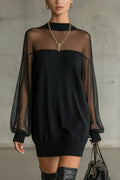 Vestido Mini Negro con Manga de Malla y Cuello Alto