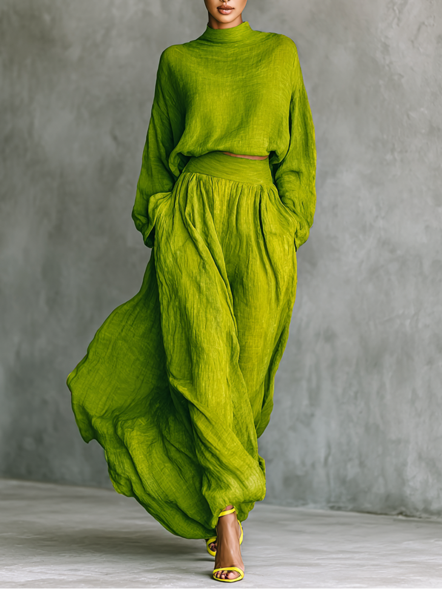 Conjunto Top Verde con Cuello Alto y Falda Maxi