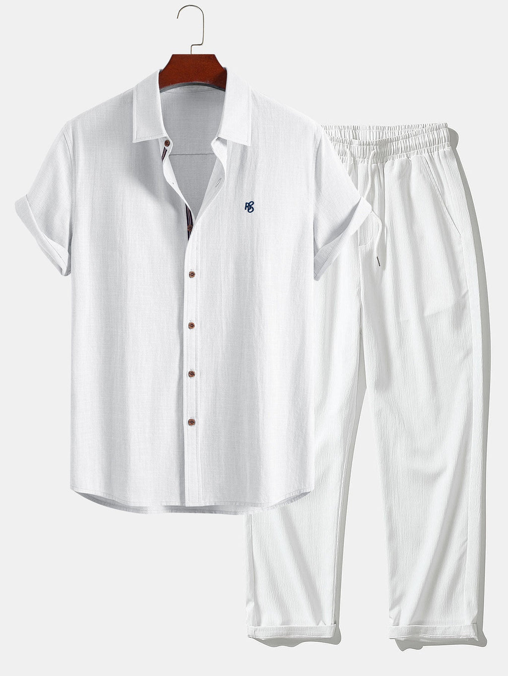 Short-sleeve button-up shirt in a linen-look fabric, and straight trousers with a crinkled texture