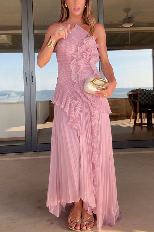 Vestido Maxi Plisado con Tirantes y Cuello Halter, Ribete de Volantes y Dobladillo Asimétrico