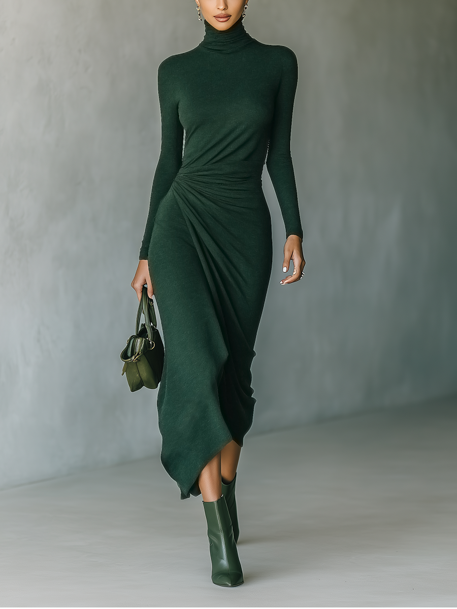 Vestido midi cruzado de punto verde oscuro con cuello alto