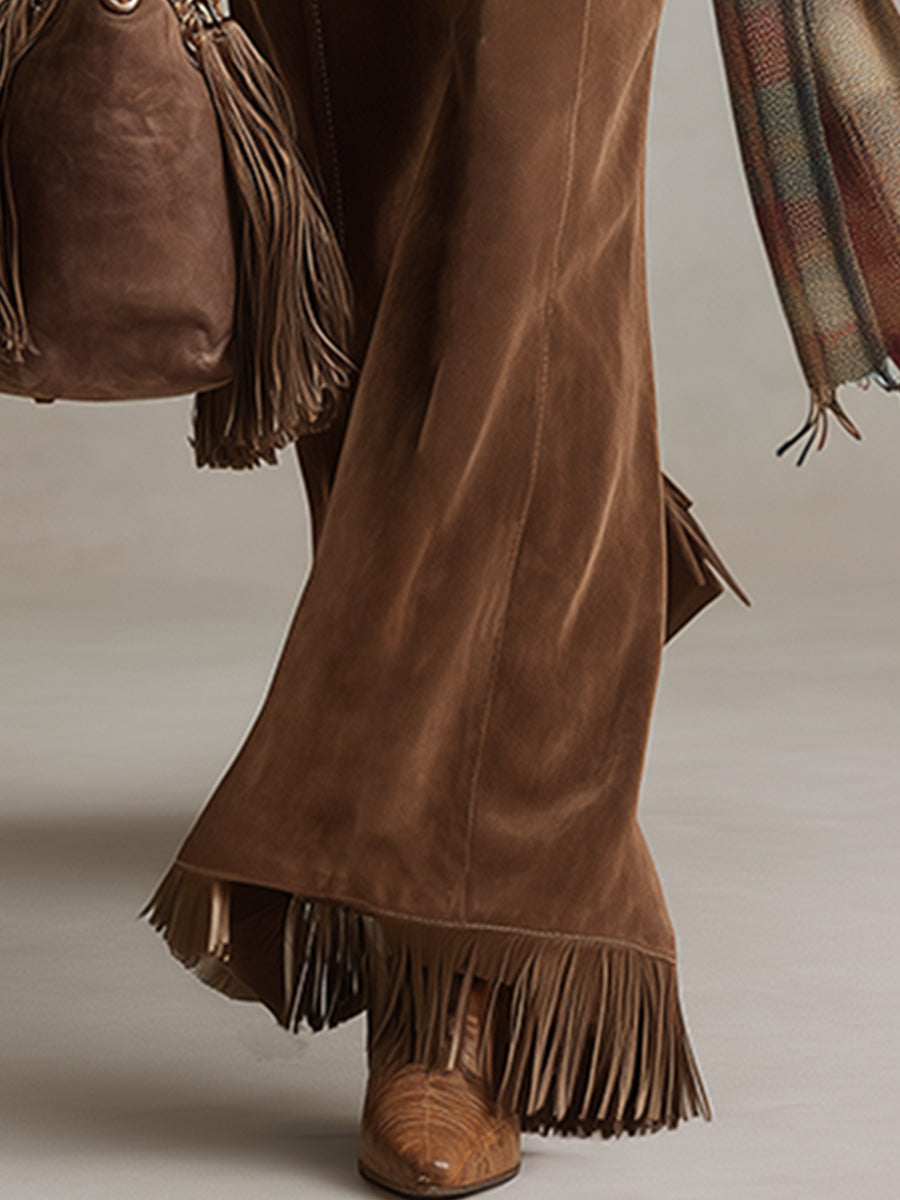 Retro Brown Suede Flared Trousers with Fringe