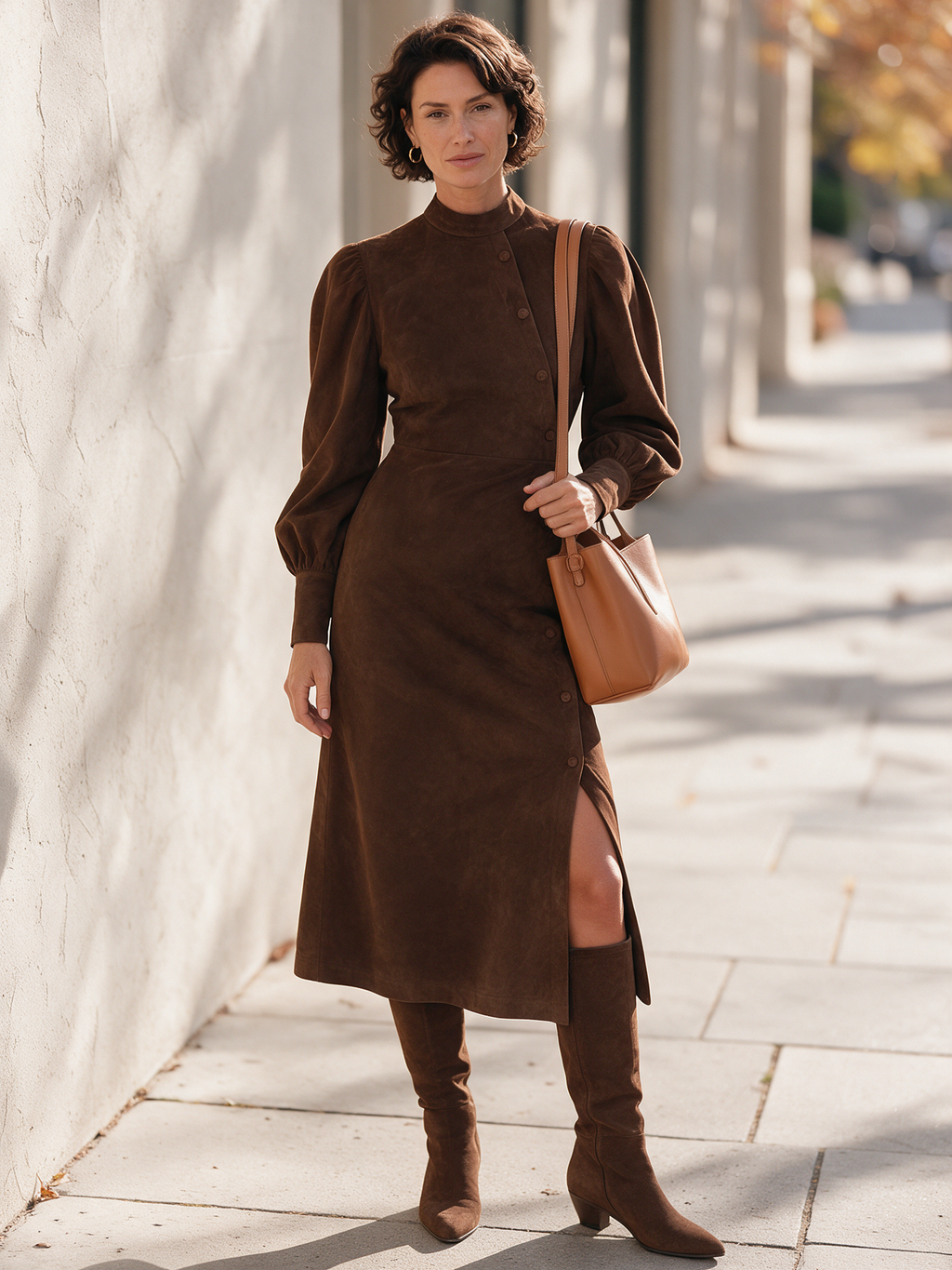 Vestido midi de ante vintage con botonadura asimétrica y mangas globo