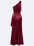 Vestido Largo de Satén Asimétrico con Flores 3D