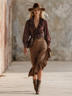Falda Western Vintage de Pana Marrón con Volantes en Sesgo