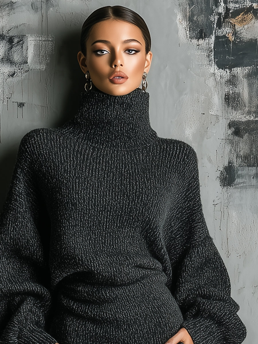 Vestido midi de punto oversize con cuello alto gris marengo