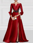 Elegant Satin Gown with Embroidered Waist and Split Skirt
