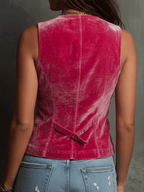 Chaleco Retro Boho de Terciopelo Rosa Intenso