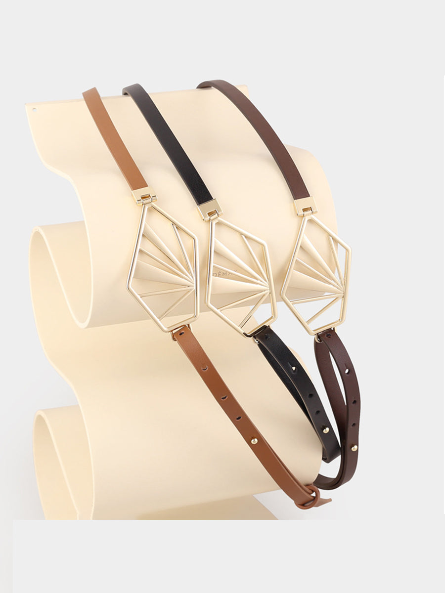 Minimalist Brown Leather Belt with Geometric Buckle