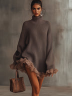 Vestido de Punto Marrón con Cuello Alto y Bajo con Volantes