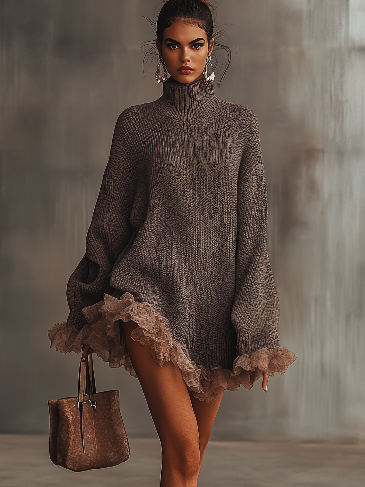 Vestido de Punto Marrón con Cuello Alto y Bajo con Volantes