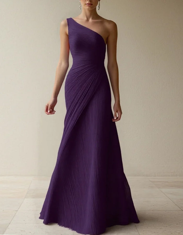 One Shoulder Pleated Solid Color Maxi Dress