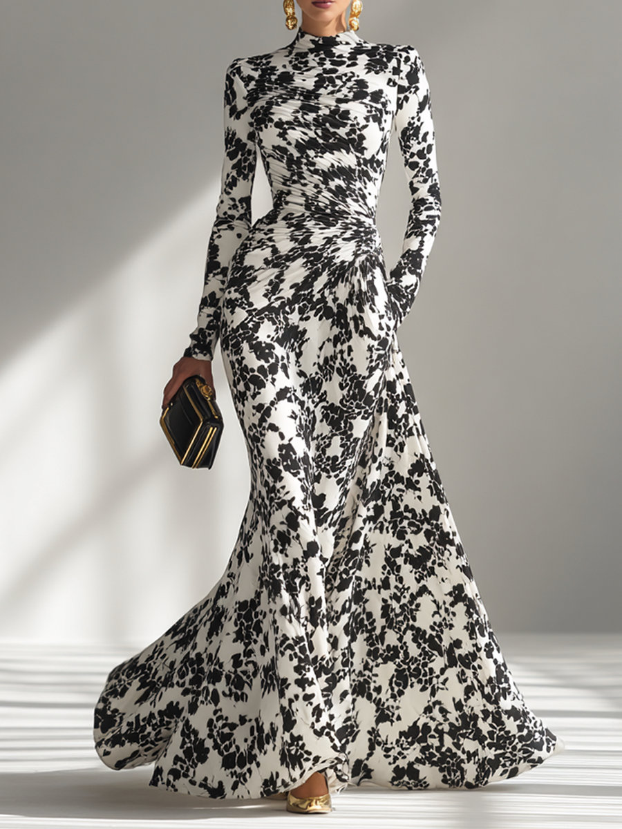 Vestido cruzado elástico estampado en blanco y negro
