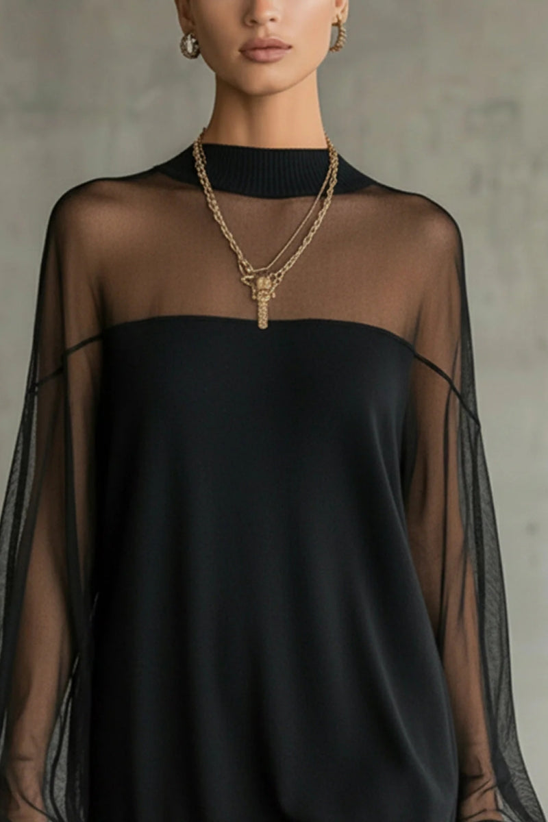 Vestido Mini Negro con Manga de Malla y Cuello Alto