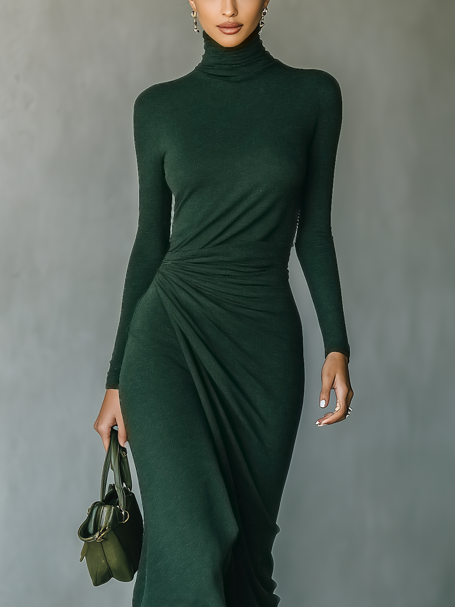 Vestido midi cruzado de punto verde oscuro con cuello alto