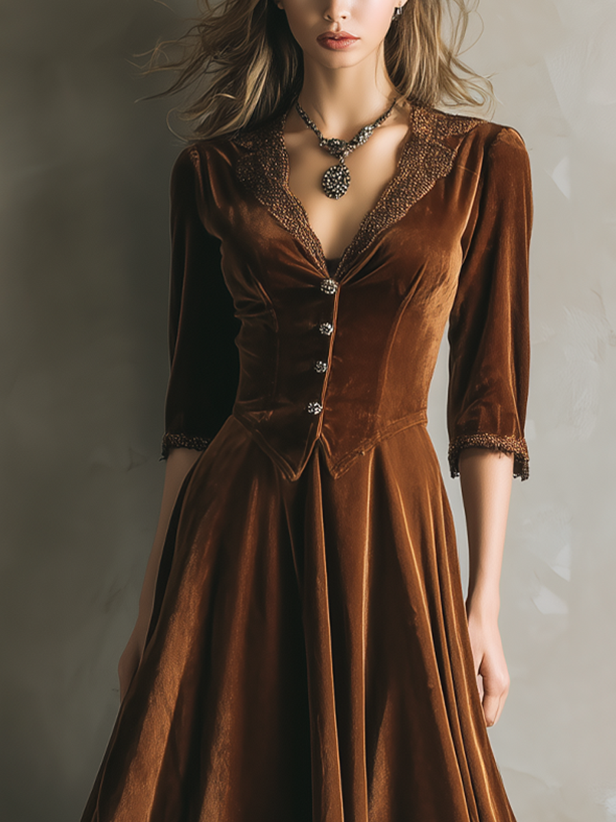 Vintage Velvet Midi Dress with ¾ Sleeve and Lace Trim