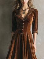 Vintage Velvet Midi Dress with ¾ Sleeve and Lace Trim