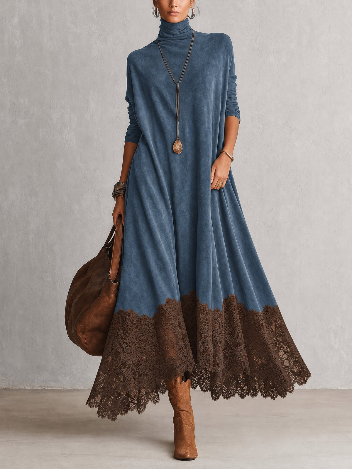 A-Linien-Kleid mit Stehkragen, Spitzeneinsätzen und langen Ärmeln