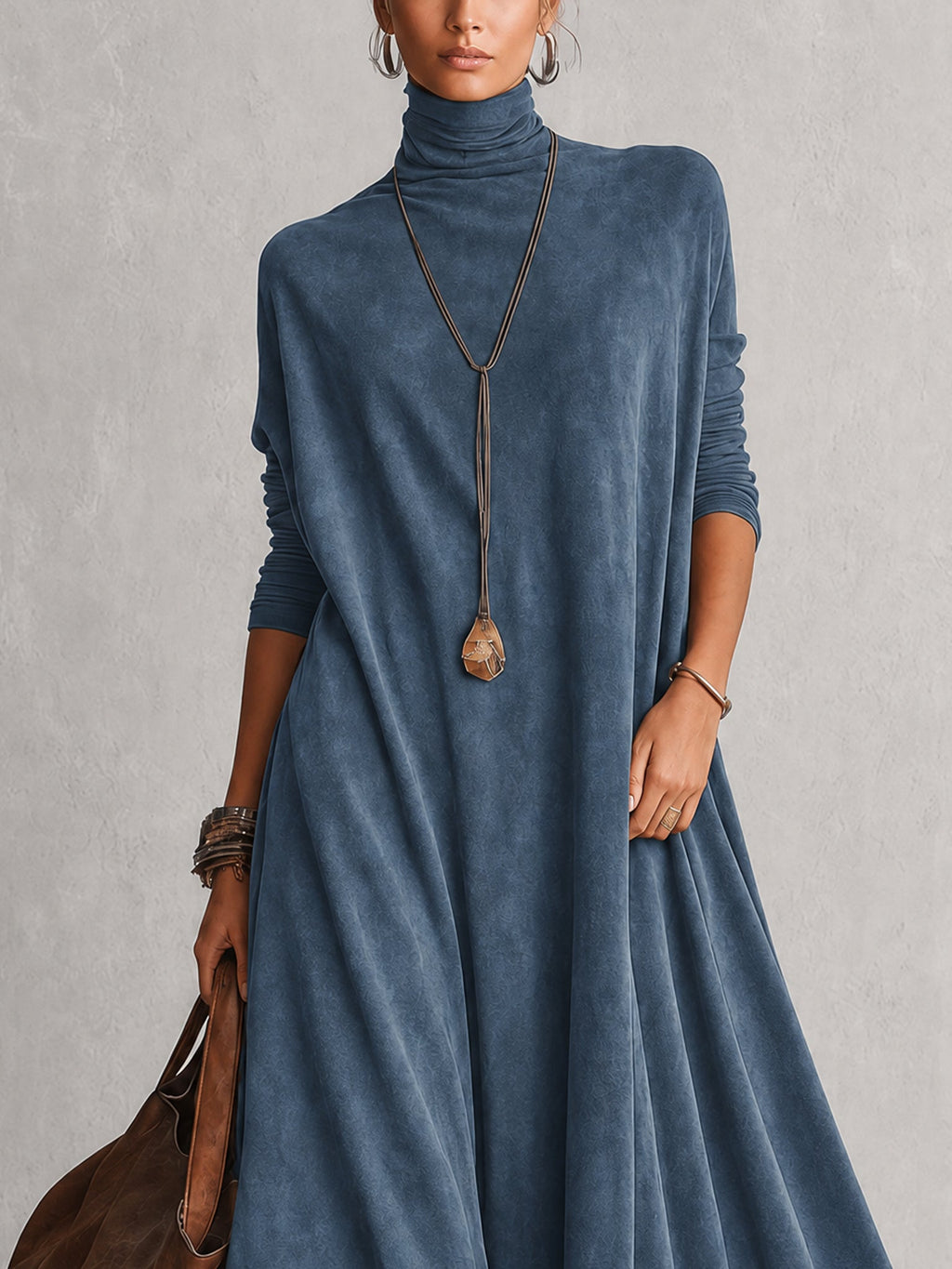 A-Linien-Kleid mit Stehkragen, Spitzeneinsätzen und langen Ärmeln