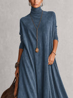 A-Linien-Kleid mit Stehkragen, Spitzeneinsätzen und langen Ärmeln