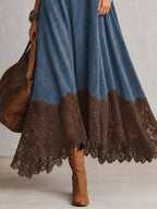 A-Linien-Kleid mit Stehkragen, Spitzeneinsätzen und langen Ärmeln