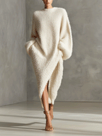 Vestido midi de punto efecto visón crema con abertura asimétrica