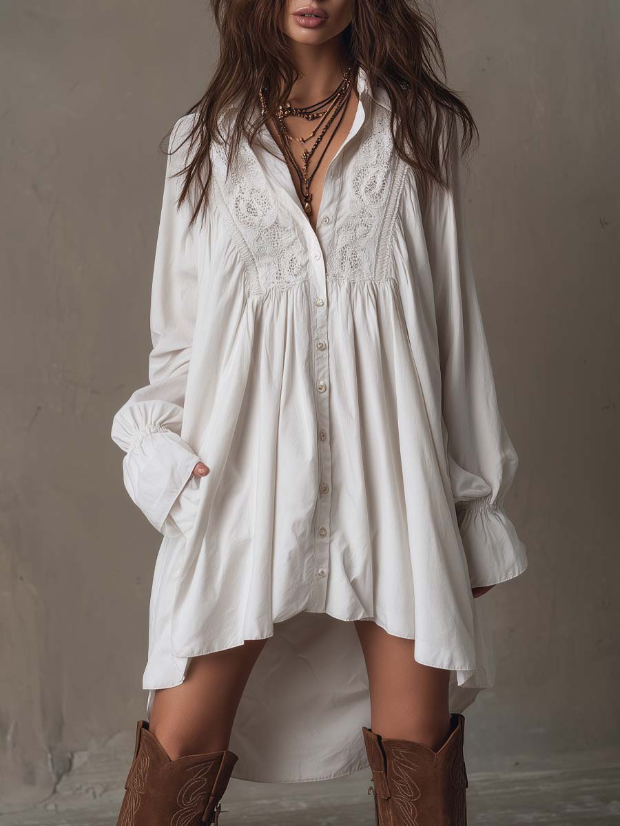 Vestido Mini Retro de Encaje con Bajo Irregular y Manga Larga