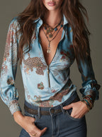 Blusa de Satén con Estampado Leopardo y Cremallera Delantera