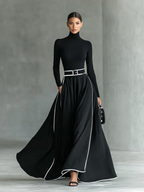 Vestido Maxi Negro con Cuello Alto Manga Larga y Cinturón